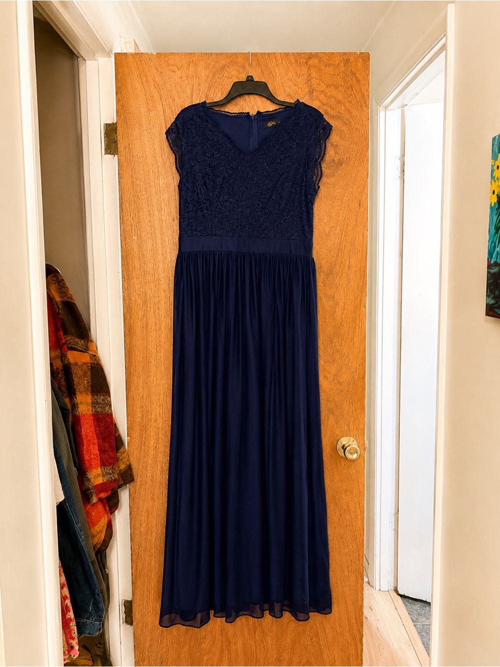 Lace Bodice Navy Maxi Dress with Cap Sleeves